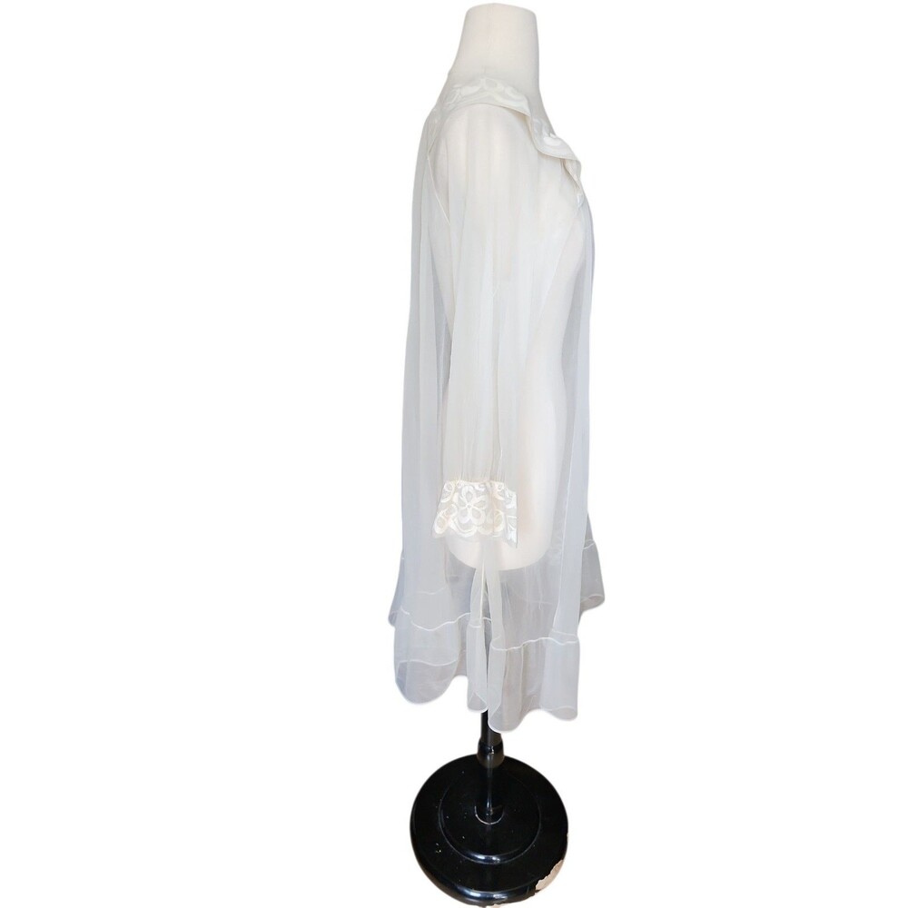 Vintage Sheer Ivory Peignoir Robe Angel Lace Trim Bridal Ethereal Ruffle Dainty - Picture 4 of 9